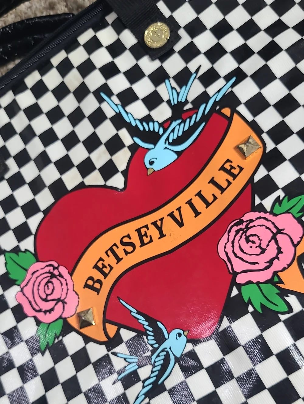 Betsey Johnson Black & White Checkered Laptop Bag with Red Heart Graphic